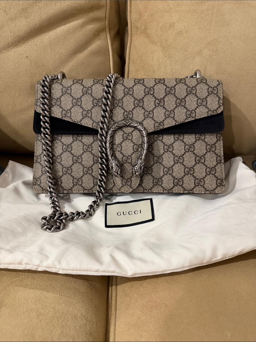 Gucci GG Supreme Shoulder Bag in Beige and Black with Silver Hardware